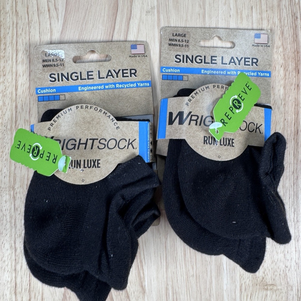 Wrightsock Run Luxe Large M 8.5-12 W 9.5-11 Black Cushion Single Layer 2 Pairs
